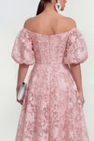 Off The Shoulder A-Line Midi Pink Floral Dress with Puff Sleeves