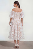Off The Shoulder A-Line Midi Pink Floral Dress with Puff Sleeves