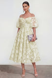 Off The Shoulder A-Line Midi Pink Floral Dress with Puff Sleeves