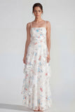 White Sheath Spaghetti Straps Maxi Multi Floral Dress with Ruffles