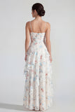 White Sheath Spaghetti Straps Maxi Multi Floral Dress with Ruffles