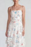White Sheath Spaghetti Straps Maxi Multi Floral Dress with Ruffles