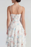 White Sheath Spaghetti Straps Maxi Multi Floral Dress with Ruffles