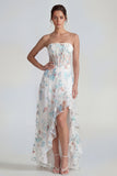 White A-Line Strapless Corset Long Multi Floral Dress with Ruffle Slit