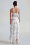 White A-Line Strapless Corset Long Multi Floral Dress with Ruffle Slit
