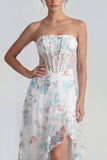 White A-Line Strapless Corset Long Multi Floral Dress with Ruffle Slit