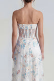 White A-Line Strapless Corset Long Multi Floral Dress with Ruffle Slit