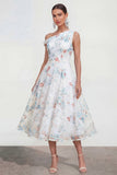 White A-Line One Shoulder Midi Multi Floral Dress