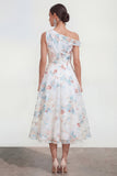White A-Line One Shoulder Midi Multi Floral Dress