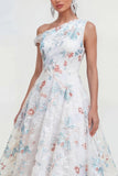 White A-Line One Shoulder Midi Multi Floral Dress