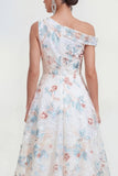 White A-Line One Shoulder Midi Multi Floral Dress