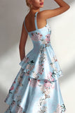 Blue A Line Ruffled Printed Satin Long Floral Dress