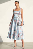 Blue Square Neck A Line Printed Satin Midi Floral Dress