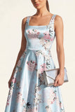 Blue Square Neck A Line Printed Satin Midi Floral Dress