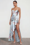 Pink A Line Spaghetti Straps Printed Floral Dress with Ruffle Slit