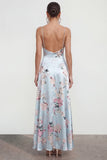Pink A Line Spaghetti Straps Printed Floral Dress with Ruffle Slit