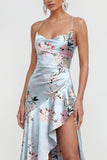 Pink A Line Spaghetti Straps Printed Floral Dress with Ruffle Slit