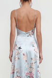 Pink A Line Spaghetti Straps Printed Floral Dress with Ruffle Slit