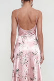 Pink A Line Spaghetti Straps Printed Floral Dress with Ruffle Slit