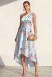 One Shoulder A Line Blue Printed Midi Floral Dress