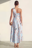 One Shoulder A Line Blue Printed Midi Floral Dress