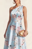 One Shoulder A Line Blue Printed Midi Floral Dress