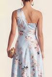 One Shoulder A Line Blue Printed Midi Floral Dress