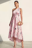 One Shoulder A Line Blue Printed Midi Floral Dress
