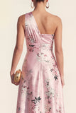 One Shoulder A Line Blue Printed Midi Floral Dress