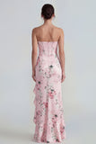 Pink Strapless Sheath Corset Long Floral Dress with Ruffle Slit
