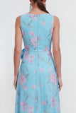 Blue A-Line 3D Flower Printed Long Chiffon Dress with Ruffle Slit