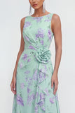 Blue A-Line 3D Flower Printed Long Chiffon Dress with Ruffle Slit