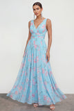 Blue A-Line V-Neck Chiffon Floral Maxi Dress