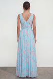 Blue A-Line V-Neck Chiffon Floral Maxi Dress