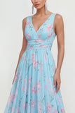 Blue A-Line V-Neck Chiffon Floral Maxi Dress