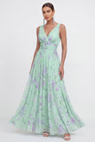 Blue A-Line V-Neck Chiffon Floral Maxi Dress
