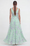 Blue A-Line V-Neck Chiffon Floral Maxi Dress