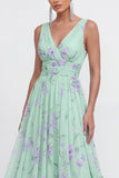 Blue A-Line V-Neck Chiffon Floral Maxi Dress