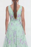 Blue A-Line V-Neck Chiffon Floral Maxi Dress