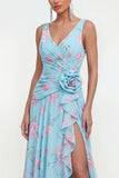 Blue Chiffon A-Line Ruched Side Slit Floral Dress with 3D Flower