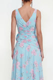Blue Chiffon A-Line Ruched Side Slit Floral Dress with 3D Flower