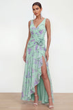 Blue Chiffon A-Line Ruched Side Slit Floral Dress with 3D Flower