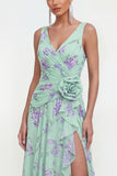 Blue Chiffon A-Line Ruched Side Slit Floral Dress with 3D Flower