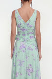 Blue Chiffon A-Line Ruched Side Slit Floral Dress with 3D Flower