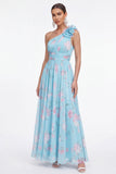 Green One Shoulder A-Line Ruched Chiffon Floral Dress with 3D Flower