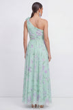 Green One Shoulder A-Line Ruched Chiffon Floral Dress with 3D Flower