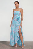 Strapless Blue A-Line 3D Flower Ruffled Floral Dress with Slit