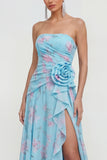 Strapless Blue A-Line 3D Flower Ruffled Floral Dress with Slit