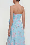 Strapless Blue A-Line 3D Flower Ruffled Floral Dress with Slit