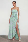 Strapless Blue A-Line 3D Flower Ruffled Floral Dress with Slit